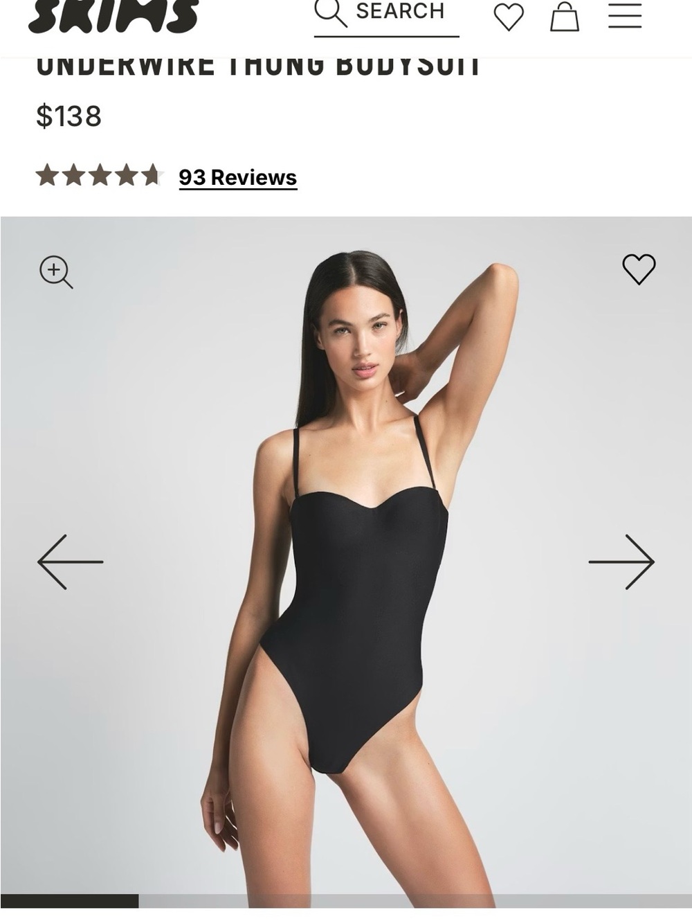 SKIMS Black (Onyx) Underwire Thong Bodysuit with Straps. Size S. NEW With tags